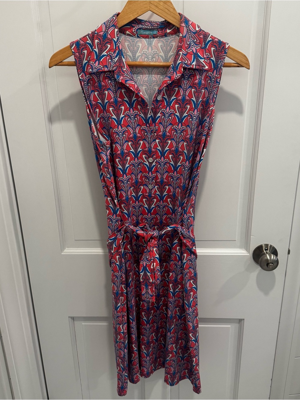 Sleeveless Collared Midi Dress in Pink & Blue Print with Tie Waist
